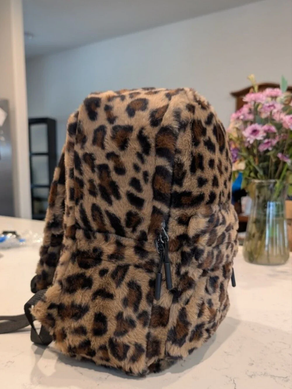 Faux Fur Leopard Print Backpack - Brown/Black